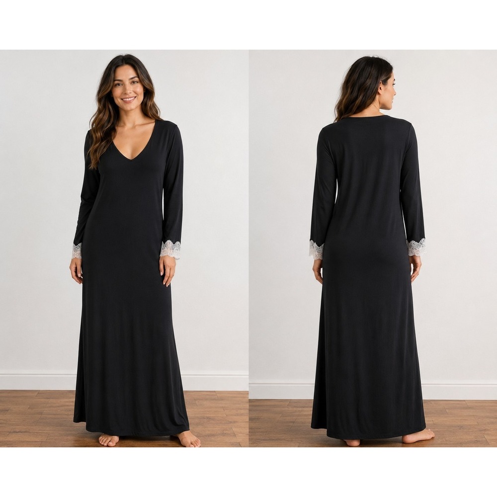 Natori Lounger Luxe Nightgown Caftan V- Neck Black Lace Sleeves Modal Sz M Cozy